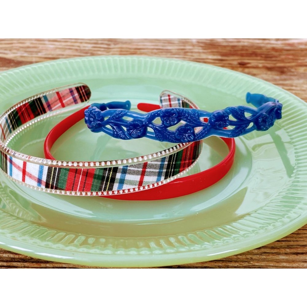 Vintage 1940s Lot Girls Headbands Plaid Carved Celluloid Floral